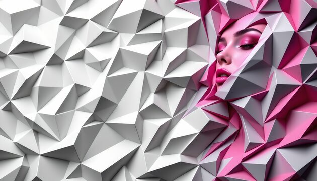 An abstract, geometric art style with a woman's face partially visible amidst the overlapping shapes.