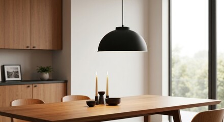 Minimalist dining area with wooden table, chairs, pendant light, and window view