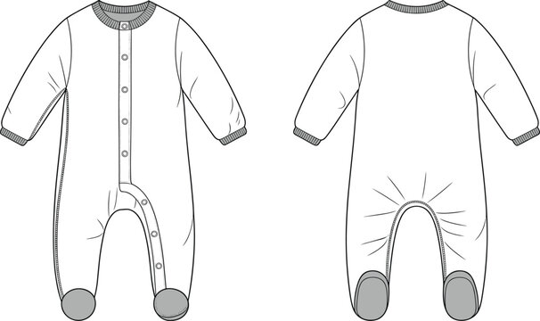 Baby onesie sketch, front and back view, button placket, ribbed cuffs, gathered seat, footed sleeper, fashion template, apparel layout