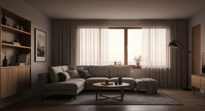 Minimalist living room with L-shaped couch, wood shelf, rug, and sheer curtains
