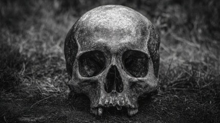 Skull resting on grass in a dark and shadowy environment with mysterious atmosphere