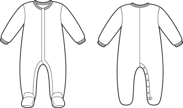 Baby onesie sketch, front and back view, zipper and snap closure, ribbed cuffs, footed design, fashion template, apparel layout
