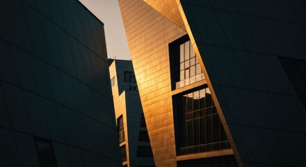 Modern buildings with geometric design, reflecting sunlight