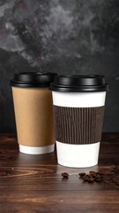 Two coffee cups on a wooden table