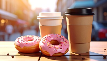 Two coffees and donuts on a table outdoors