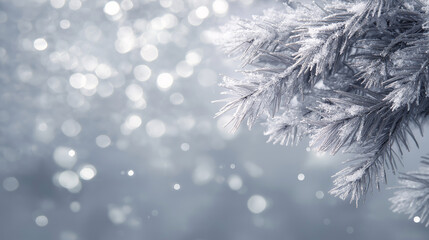 Obraz premium Frosted pine branches gently catch the light in a winter landscape. A soft bokeh background enhances the tranquil, magical mood of the scene, perfect for holiday themes or cozy designs