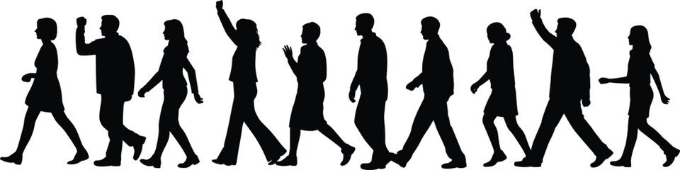 Silhouette people walking collection, male and female figures, human movement posture, lifestyle concept, modern vector artwork, creative illustration, body motion design