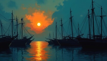 Fototapeta premium Many tall mast ships stand silhouetted at vibrant orange sunset. Calm ocean water reflects bright sun, dark blue evening sky. Vintage sailing vessels sit peacefully in quiet port at beautiful dusk.
