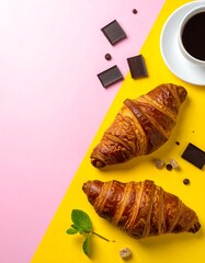 Two croissants, coffee, and chocolate on a pink and yellow background