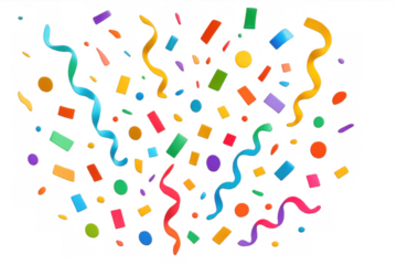 Colorful confetti and serpentine streamers exploding, creating a festive celebration background on transparent