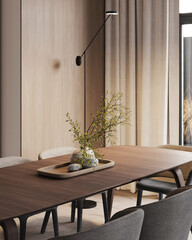Dining area with wooden table, modern chairs, and subtle lighting, perfect for a cozy family meal.