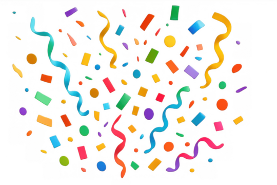 Colorful confetti and serpentine streamers exploding, creating a festive celebration background on transparent