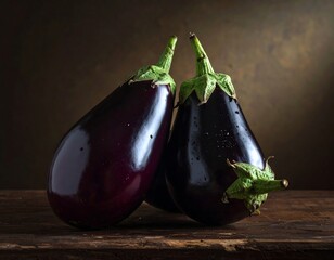 Two dark purple eggplants on rustic wooden surface
