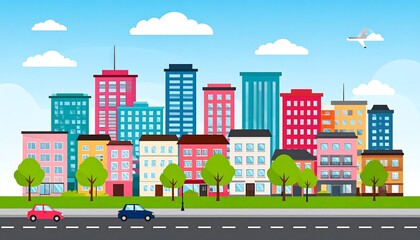 Obraz premium Cartoon cityscape featuring diverse buildings, cars, trees, blue sky, and fluffy white clouds