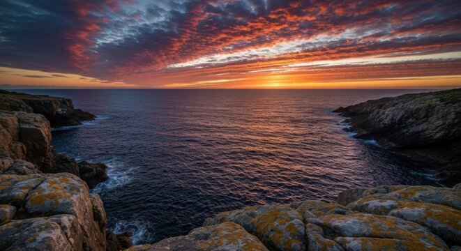 Ocean view between rocky cliffs under a fiery sunset sky