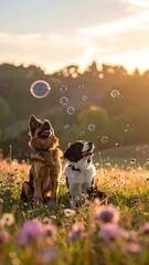 Two dogs in a field, playing with bubbles at sunset