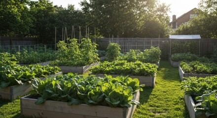 Organized raised garden beds full of leafy greens in a sunny backyard