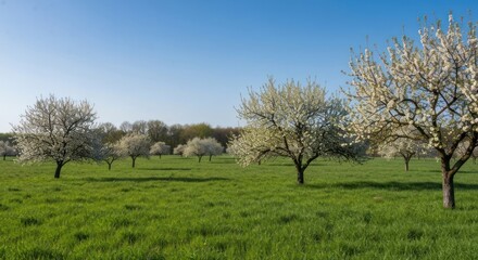 Orchard with white blossoms under clear blue sky, green grass foreground