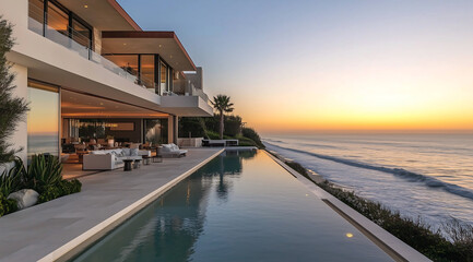 Modern villa with infinity pool looks over a blue sea and clear sky, bright day shows calm water and clean lines