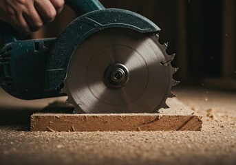 Close-up view of a powerful rotating circular saw blade with sharp teeth, ready to cut dense wooden material during a construction project ,metal ,DIY ,industry