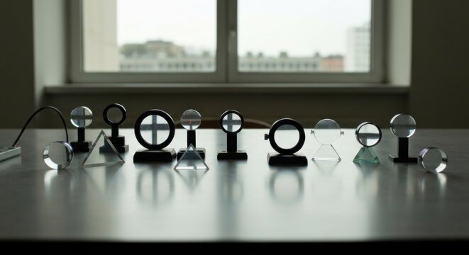 Optics lenses, prisms on table with bright window light, shadows, minimalist