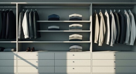 Organized closet with clothes hung and folded on shelves