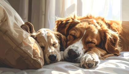 Two dogs sleeping close together on a bed