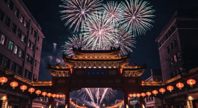 Ornate archway below fireworks display