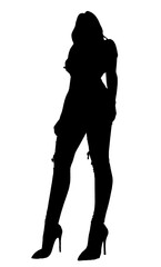 A young woman with long hair wears a casual shirt and jeans, standing in black and white silhouette against a plain white background.