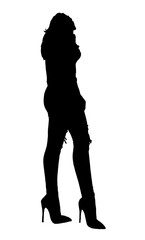 A young woman with long hair wears a shirt and jeans with high heels. Her black silhouette stands elegantly against a plain white background.