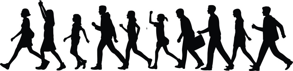 Walking people silhouettes, diverse group vector illustration, men and women in motion, casual attire, urban lifestyle, community crowd, modern society design