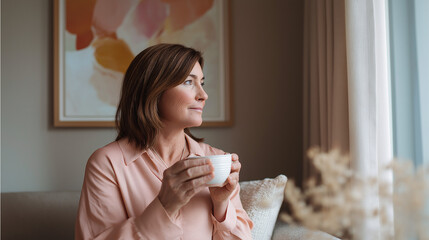 A female professional in midlife savors a warm cup of tea while gazing thoughtfully out the window. The soft light enhances the peaceful ambiance, perfect for a wellness break