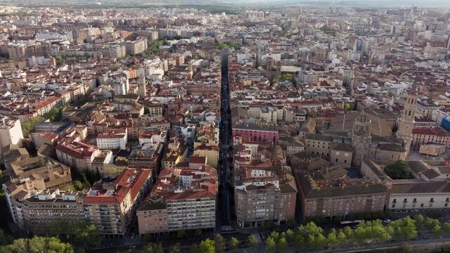 Aerial view flying over the historic city center of Zaragoza, Spain. Cityscape showing the old town and its architecture