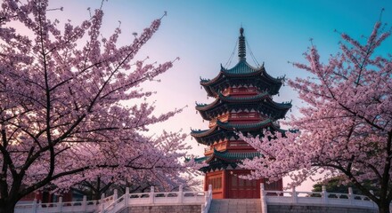 Obraz premium Pagoda framed by cherry blossoms against a pastel sky, bridge at base