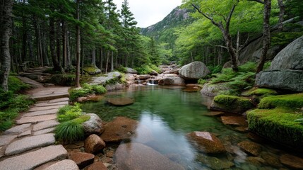Serene Mountain Stream Flowing Through a Lush Pine Forest with Rocky Banks and a Stone Pathway in Soft Daylight