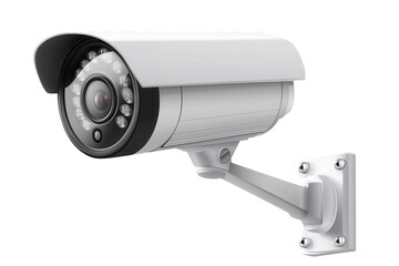 White surveillance camera mounted on a wall for security monitoring in an outdoor setting during daylight hours