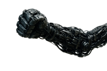A detailed close-up of a metallic robotic arm with intricate mechanical components, wires, and joints against a transparent background. The arm is posed in a powerful, clenched fist.