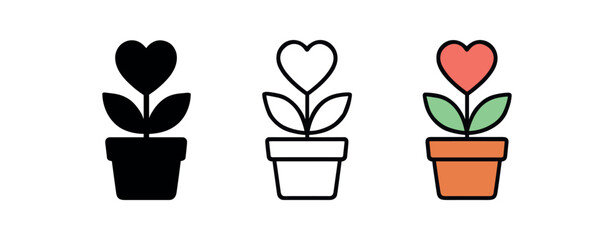 relationship growth plant icon on white background Black silhouette flat icon outline icon and colored icon style. 1x3 grid. three minimal vector icon style. centered composition clear