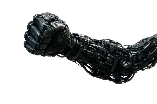 A detailed close-up of a metallic robotic arm with intricate mechanical components, wires, and joints against a transparent background. The arm is posed in a powerful, clenched fist. - Powered by Adobe