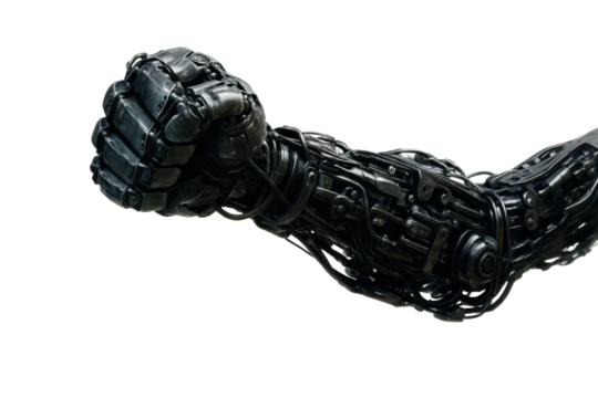 A detailed close-up of a metallic robotic arm with intricate mechanical components, wires, and joints against a transparent background. The arm is posed in a powerful, clenched fist. - Powered by Adobe