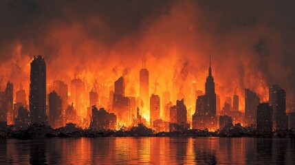 Burning cityscape silhouette under a fiery sky with reflected glow on water