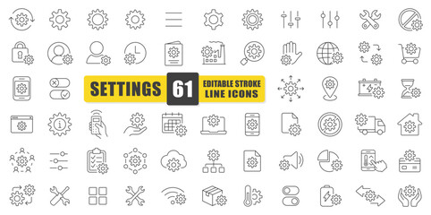 Settings Line Icon Vector Set. A Collection Of 61 Thin Line Editable Stroke Icons Featuring Gears, Tools, And Adjustments. Perfect For UI Design, Apps, Websites, Maintenance, And System Configuration.