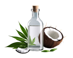 Coconut Oil in Glass Bottle with Fresh Coconut, Natural Beauty Ingredient, Transparent Background PNG 