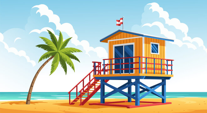 Vibrant beach scene with a colorful lifeguard tower, palm tree, and ocean under a blue sky with fluffy clouds