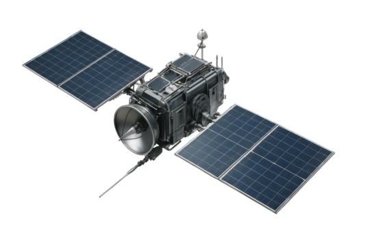 A detailed, metallic spacecraft featuring large solar panels and a satellite dish, isolated on a transparent background. This advanced probe is designed for space exploration and research.