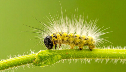 Fototapeta premium Caterpillar in the Green World: A close-up showcases a fluffy caterpillar adorned with yellow and black patterns, crawling on a vibrant green stem, illustrating the beauty of macro life.