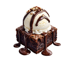 Chocolate Brownie Sundae with Ice Cream Scoop, Dessert Illustration, Isolated on Transparent Background PNG