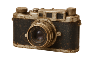 A close-up studio shot of a vintage tarnished camera with a dusty lens and worn leather exterior. Isolated on a transparent background, this object represents photographic history.