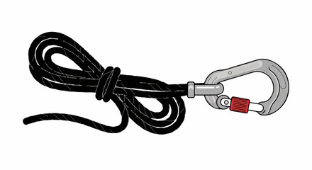 Naklejka premium Vector illustration of a coiled black climbing rope attached to a secure locking screw-gate carabiner, isolated safety equipment for mountaineering and adventure