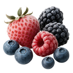 A close-up studio shot of assorted frozen berries, each coated in a delicate layer of frost, isolated on a transparent background.